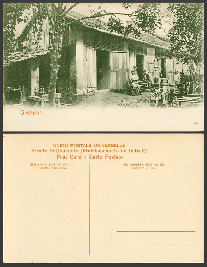Singapore Old Postcard Native House Bungalow  Men Children Little Boys Girls 145