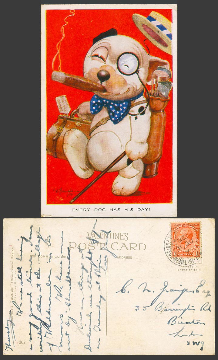 BONZO DOG GE Studdy 1928 Old Postcard Every Dog Has His Day! Golfer - Cigar 1202