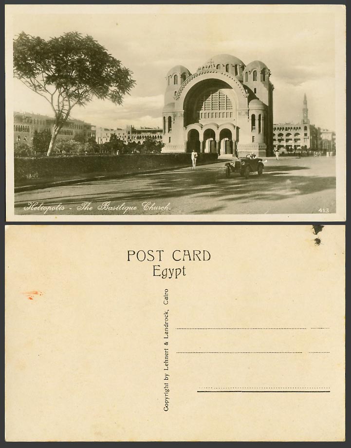 Egypt Old R. Photo Postcard Heliopolis Basilique Church Vintage Motor Car Street