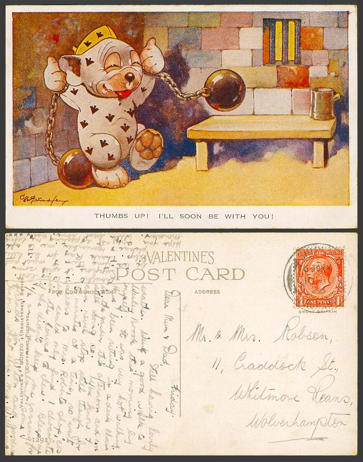 BONZO DOG G.E. Studdy 1928 Old Postcard Thumbs Up Prisoner Soon Be With You 1291