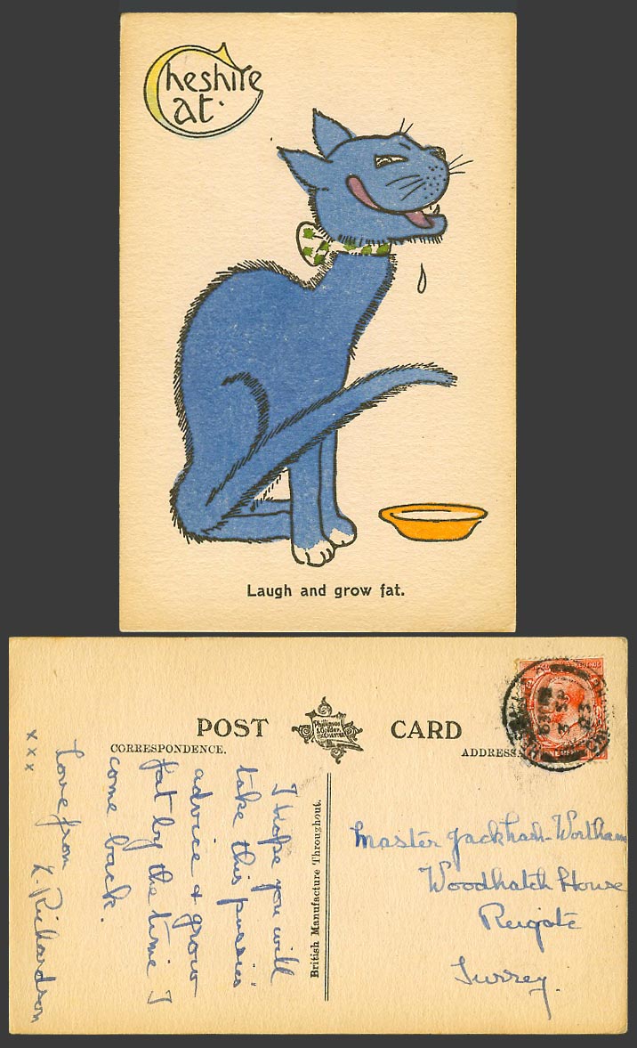 Cheshire Cat Kitten, Laugh and Grow Fat 1932 Old Postcard Art Artist Drawn Comic