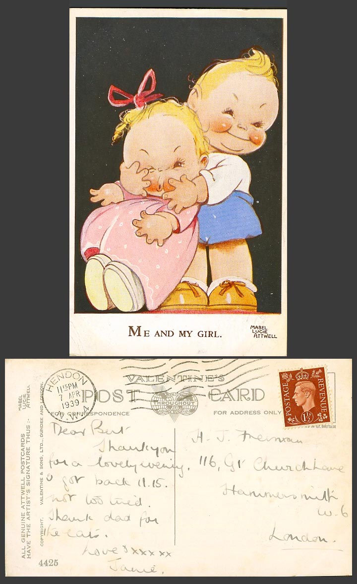 MABEL LUCIE ATTWELL 1939 Old Postcard Me and My Girl Children Little Boy No.4425