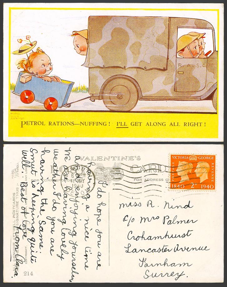 MABEL LUCIE ATTWELL 1940 Old Postcard RASC Royal Army Service Corps Stations 214