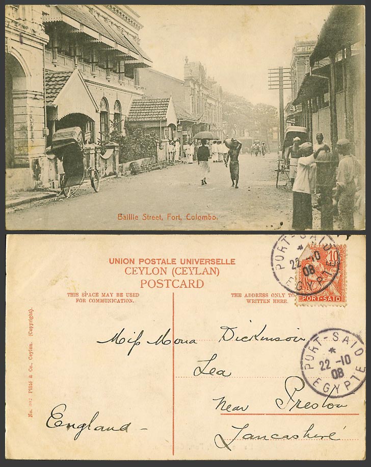 Ceylon Port Said 10c 1908 Old Postcard Baillie Street Scene Fort Colombo Coolies