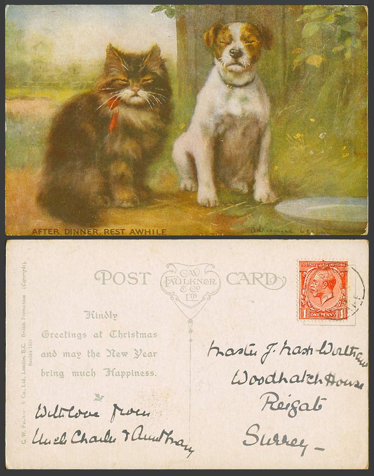 Dog Puppy Cat Kitten, After Dinner Rest Awhile, Xmas Greetings 1919 Old Postcard