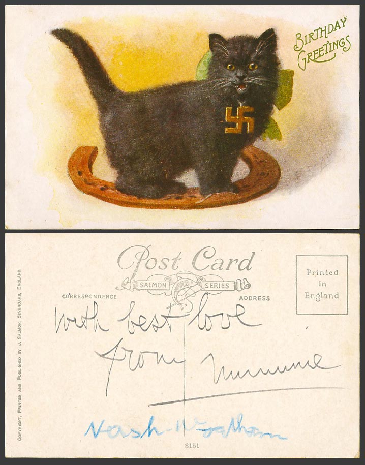 Black Cat Kitten Pet on Horseshoe Birthday Greetings Old Postcard J. Salmon 3151