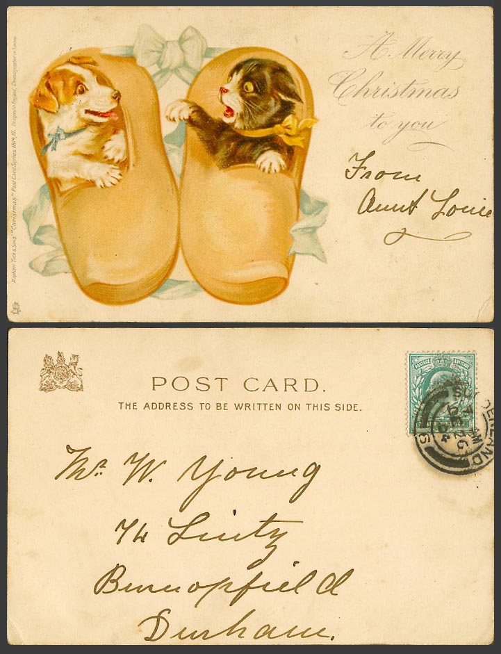 Dog Puppy & Cat Kitten in Shoes Clogs A Merry Christmas to You 1904 Old Postcard