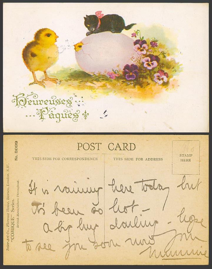 Black Cat Kitten, Chicks Egg Flowers, Happy Easter Heureuses Paques Old Postcard