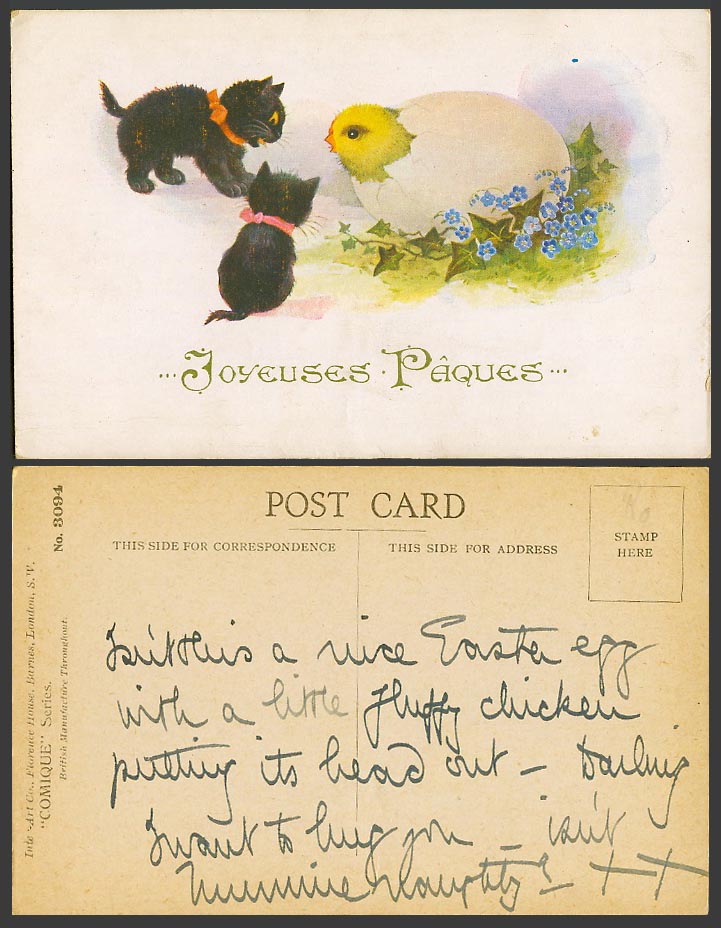 Black Cats Kittens Chick Egg Happy Easter Greetings Joyeuses Paques Old Postcard