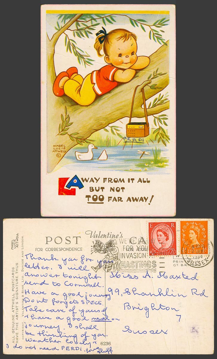 MABEL LUCIE ATTWELL 1964 Old Postcard Away From All But Not Too Far Away! N.6236