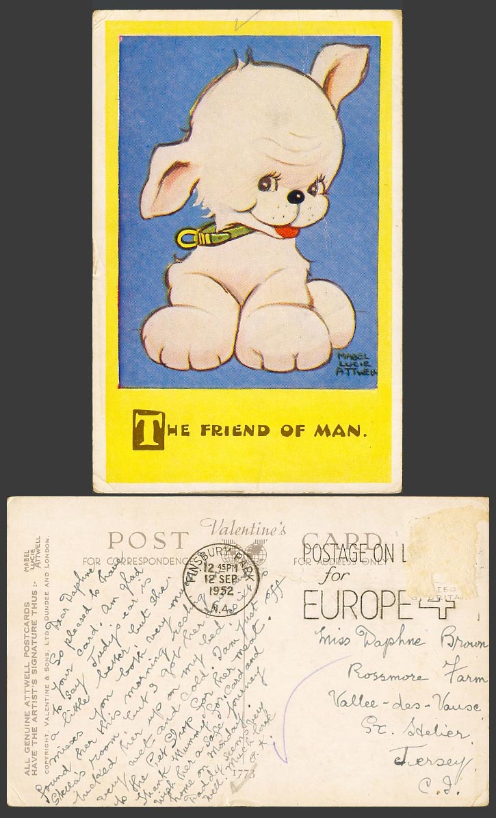 MABEL LUCIE ATTWELL 1952 Old Postcard The Friend of Man - Dog Puppy Pet No. 1773