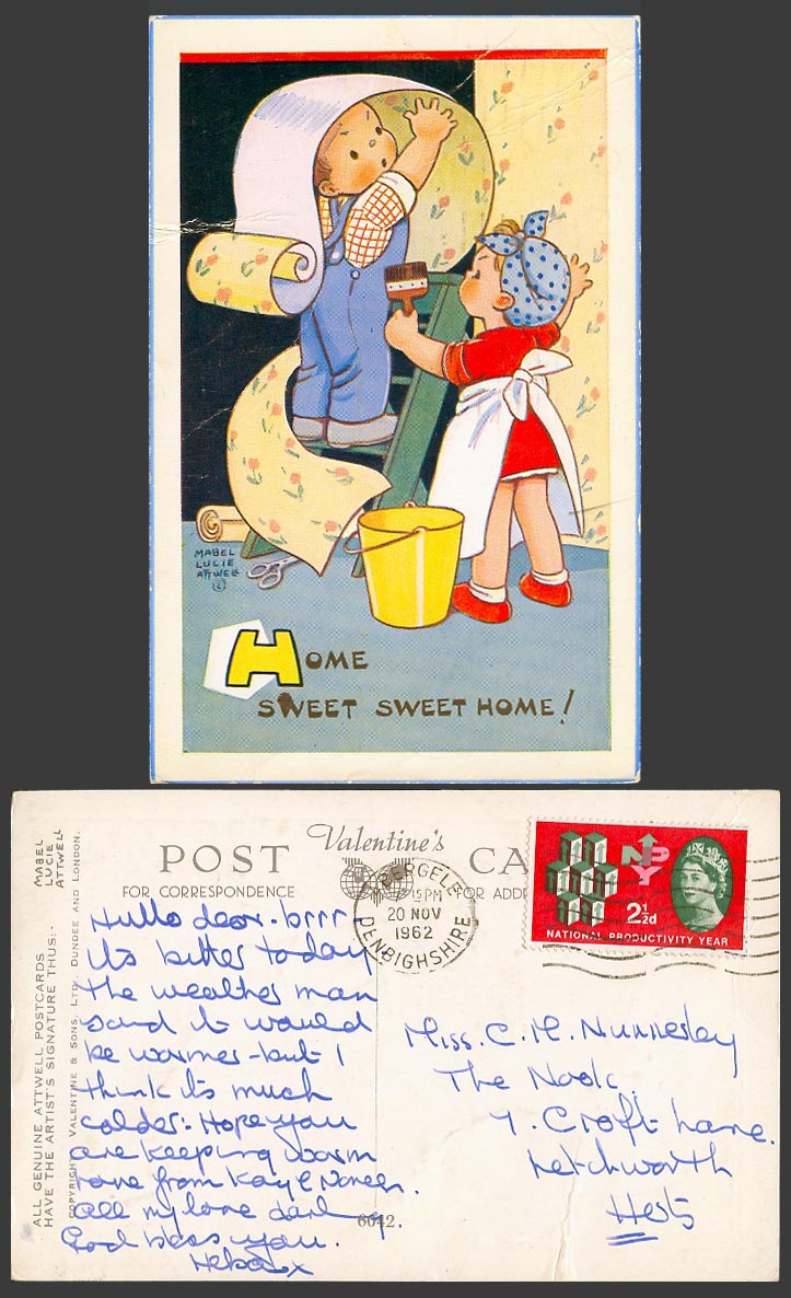 MABEL LUCIE ATTWELL 1962 Old Postcard Home Sweet S. Home Sticking Wallpaper 6042