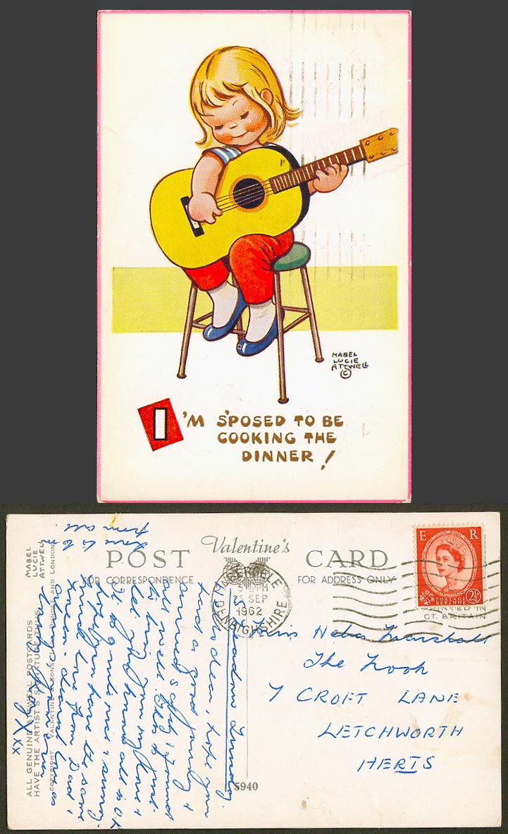 MABEL LUCIE ATTWELL 1962 Old Postcard Girl Guitar S'posed be Cooking Dinner 5940