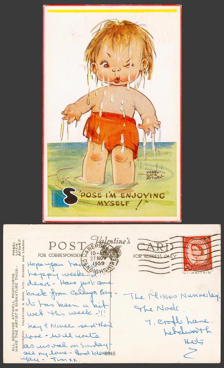 MABEL LUCIE ATTWELL 1959 Old Postcard S'pose I'm Enjoying Myself! Child Wet 5845