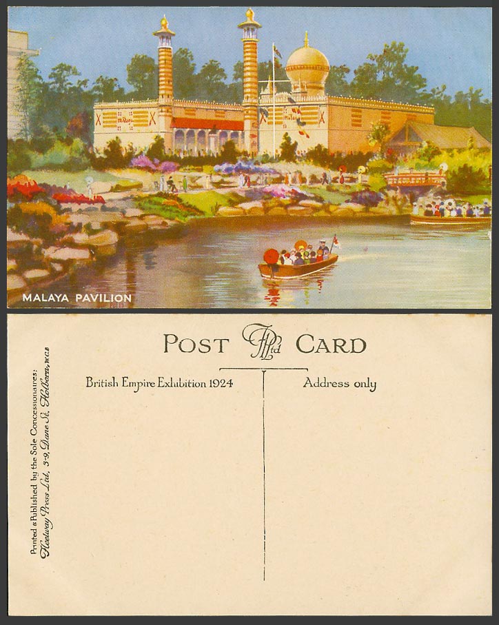 Malaya Pavilion Lake, Boats, Bridge, British Empire Exhibition 1924 Old Postcard