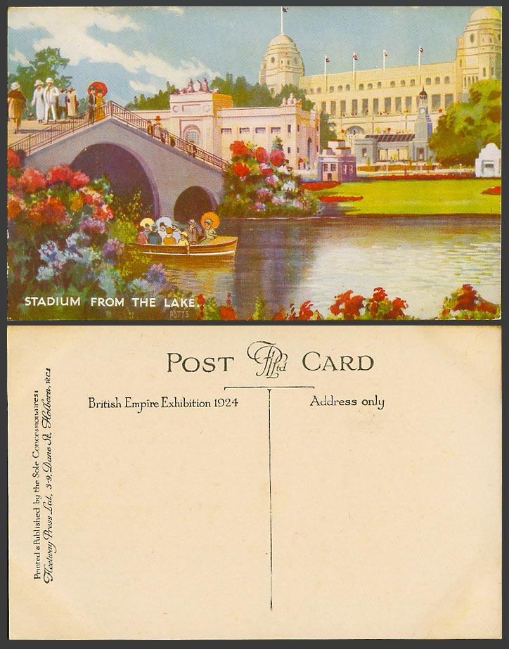 British Empire Exhibition 1924 Old Postcard Stadium from The Lake, Boat & Bridge