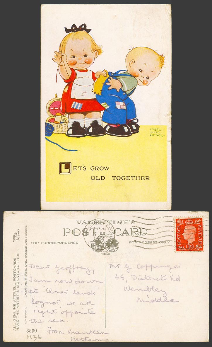 MABEL LUCIE ATTWELL 1938 Old Postcard Let's Grow Old Together, Sewing Patch 3530