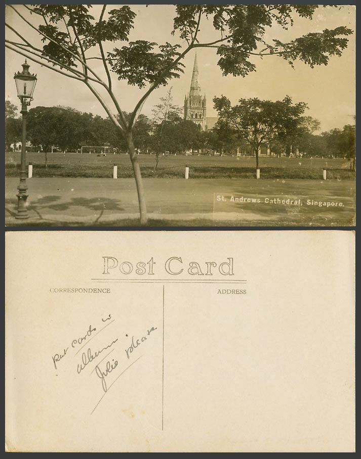 Singapore Old Real Photo Postcard St. Andrew's Cathedral Church Twr Street Light