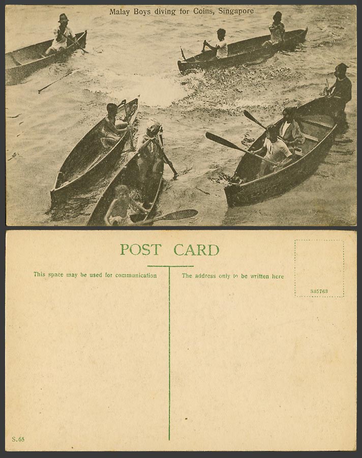 Singapore Old Postcard Malay Boys Diving For Coins Native Boy Rowing Boats Canoe