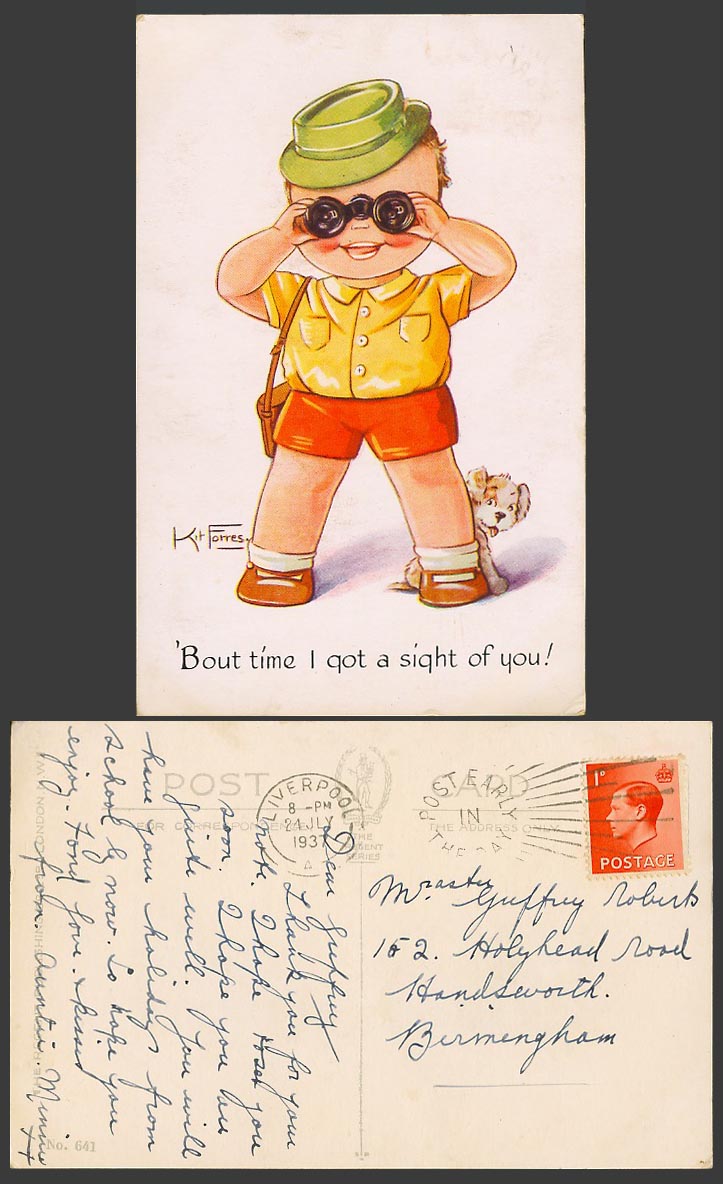 Kit Forres 1937 Old Postcard Boy Binoculars Dog, 'Bout Time I Got a Sight of You