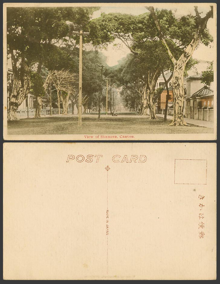China Old Hand Tinted Postcard Canton Shameen View, Trees Street Scene Hong Kong