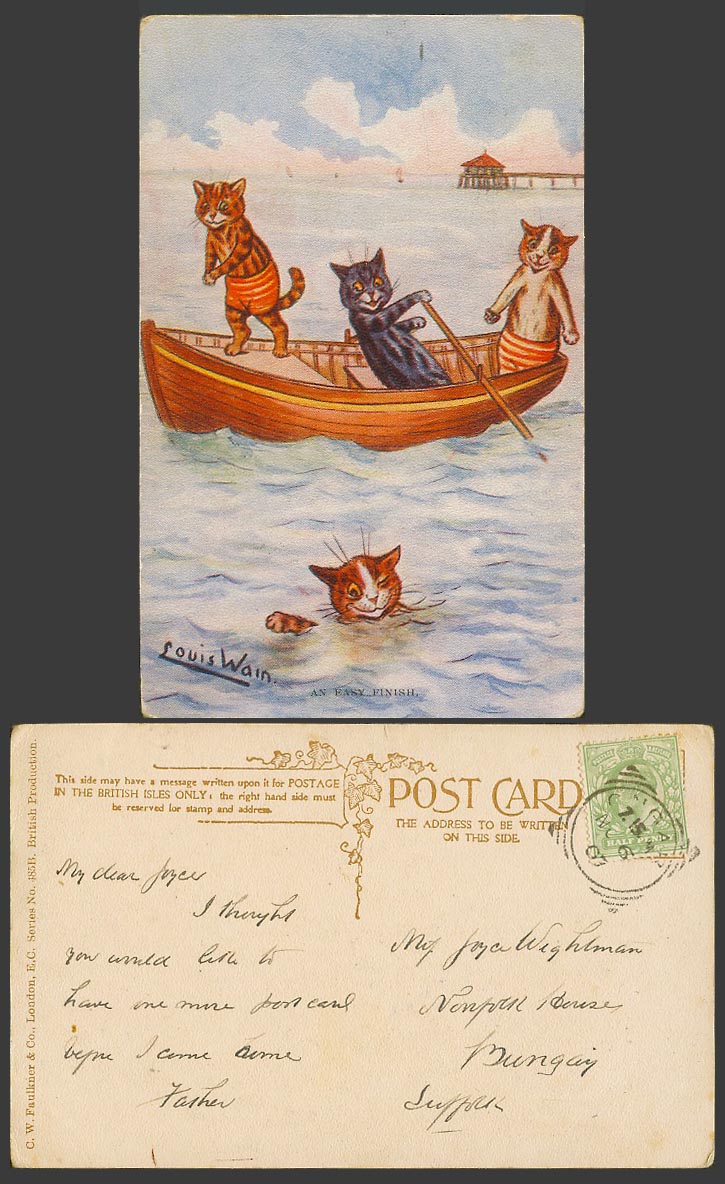 LOUIS WAIN Artist Signed Cat Rowing Boat on Sea An Easy Finish 1907 Old Postcard