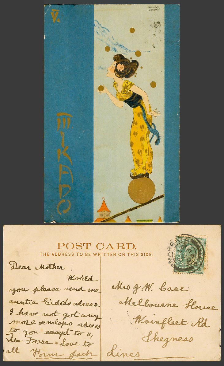 Raphael Kirchner 1903 Old Postcard Mikado V Geisha Girl Woman Lady Stand on Ball