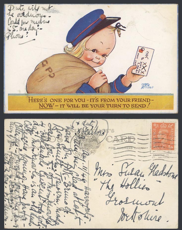 MABEL LUCIE ATTWELL 1946 Old Postcard Postwoman, For You, Your Turn to Send 871