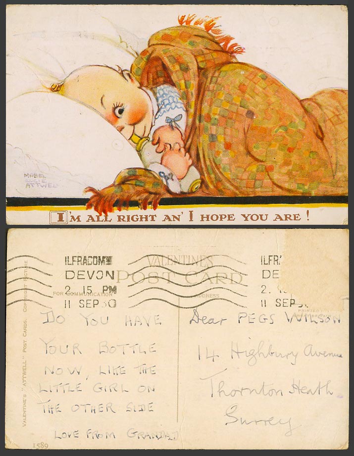MABEL LUCIE ATTWELL 1930 Old Postcard I'm All Right an' I Hope You Are Baby 1589