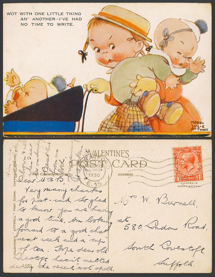 MABEL LUCIE ATTWELL 1930 Old Postcard Twins Twin Babies No Time to Write No.1550