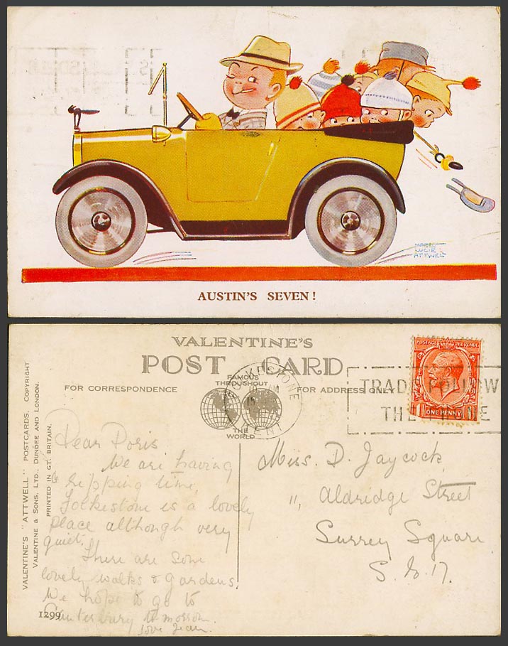 MABEL LUCIE ATTWELL 1932 Old Postcard Austin's Seven! Children on Motor Car 1299