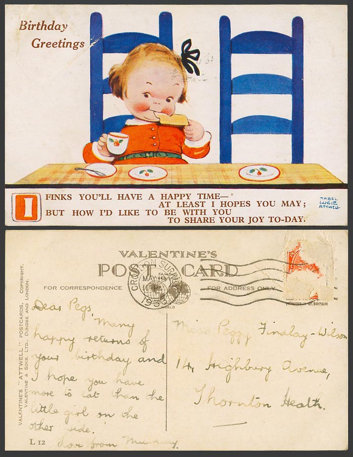 MABEL LUCIE ATTWELL 1933 Old Postcard Birthday Greetings Share Ur. Joy Today L12