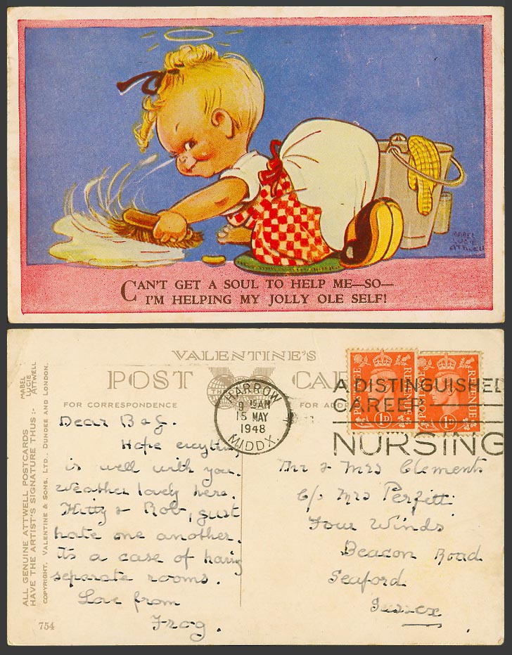 MABEL LUCIE ATTWELL 1948 Old Postcard Can't Get a Soul to Help Me so 754 Nursing