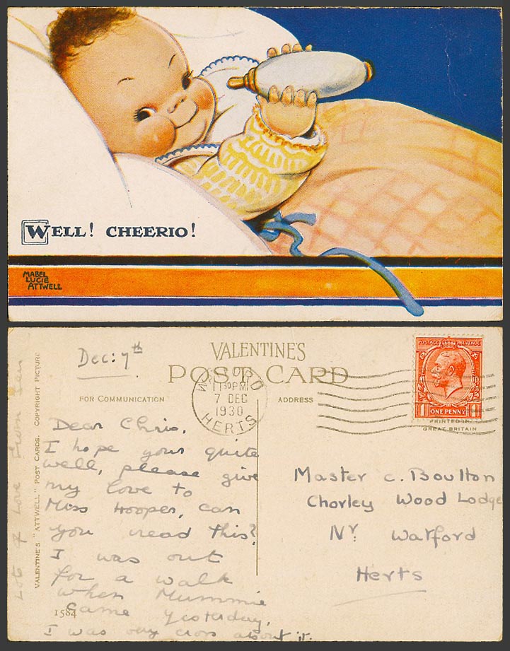 MABEL LUCIE ATTWELL 1930 Old Postcard Baby with Milk Bottle, Well! Cheerio! 1584