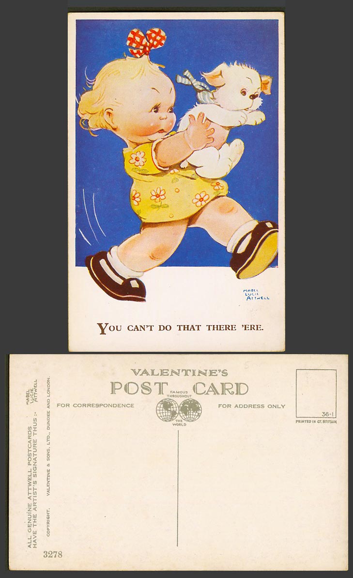 MABEL LUCIE ATTWELL Old Postcard You Can't Do That There Here Girl hold Dog 3278