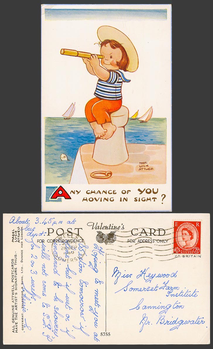 MABEL LUCIE ATTWELL 1960 Old Postcard Any Chance of You in sight? Binocular 5755