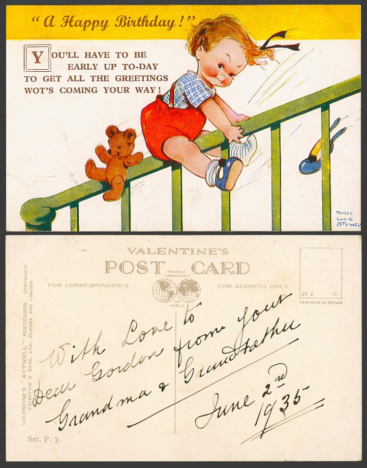 Mabel Lucie Attwell 1935 Old Postcard |A Happy Birthday Teddy Bear Girl Set P.3.