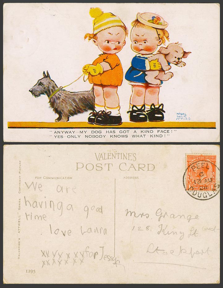MABEL LUCIE ATTWELL 1928 Old Postcard Scottish Terrier, DOG Has a KIND FACE 1295