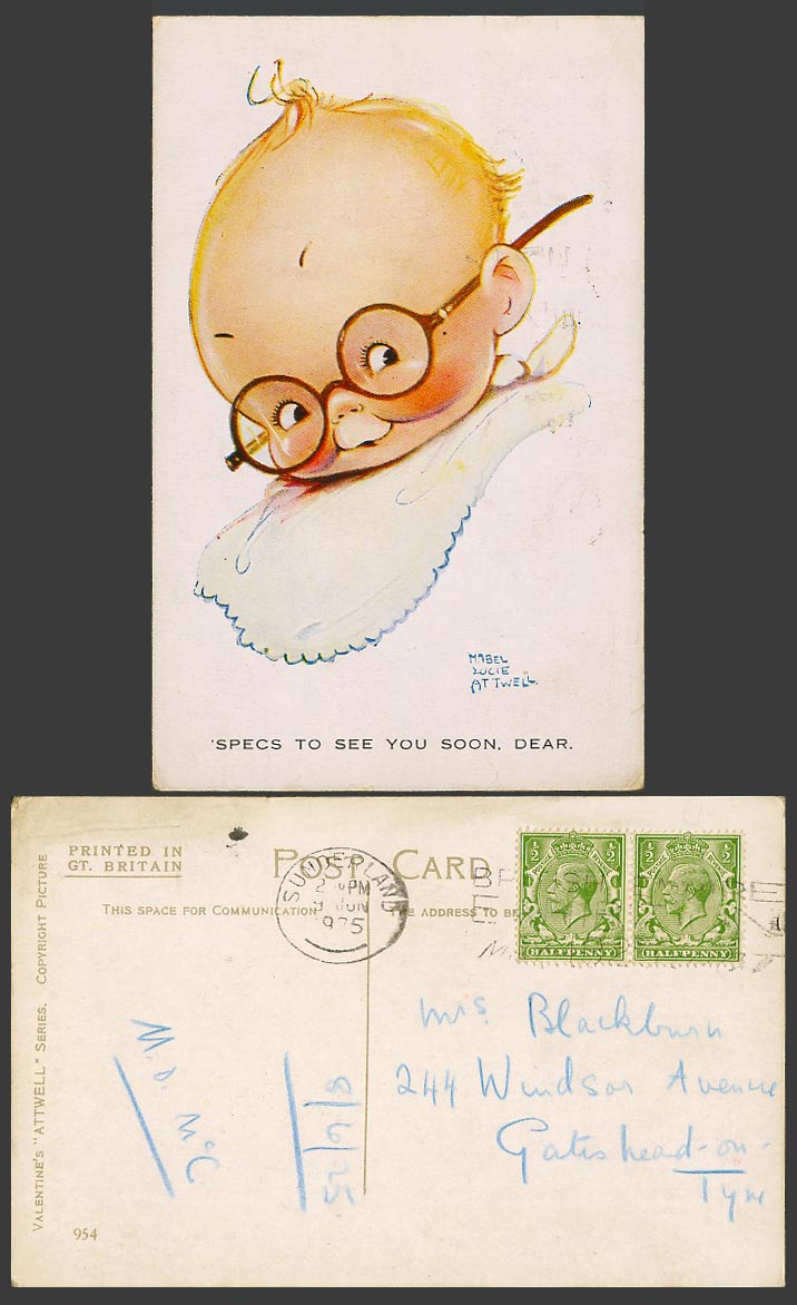 MABEL LUCIE ATTWELL 1925 Old Postcard 'Specs To See You Soon Dear Spectacles 954