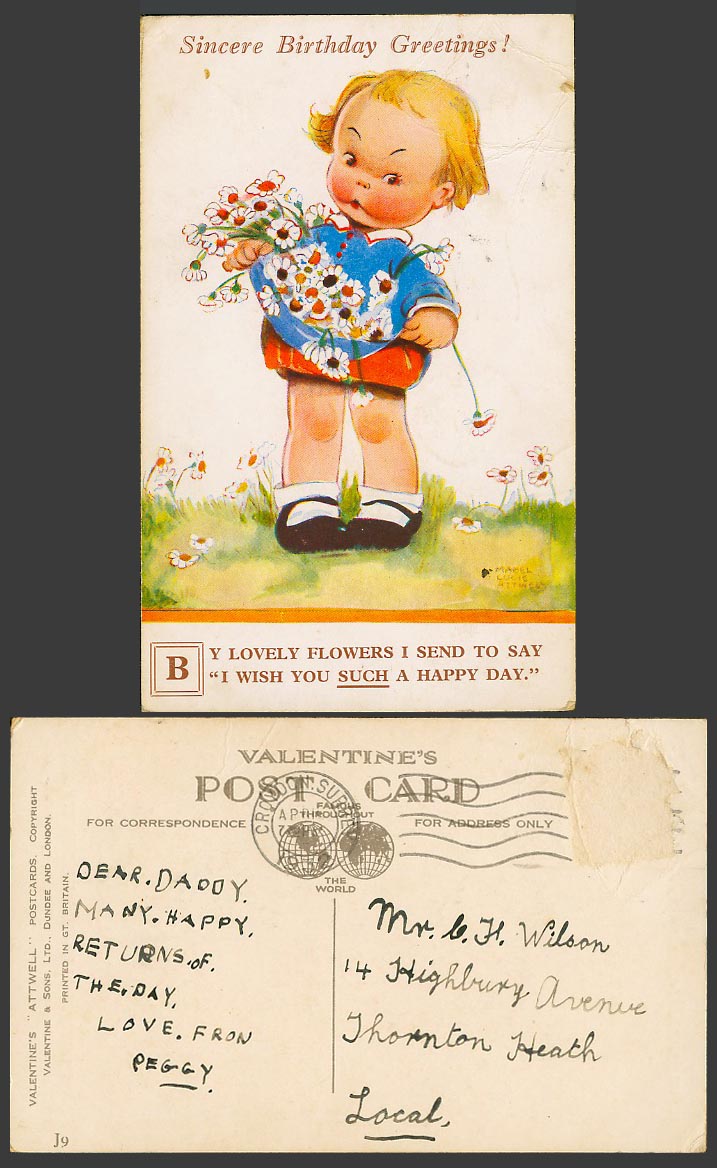 MABEL LUCIE ATTWELL 1932 Old Postcard Sincere Birthday Greetings Girl Flowers J9