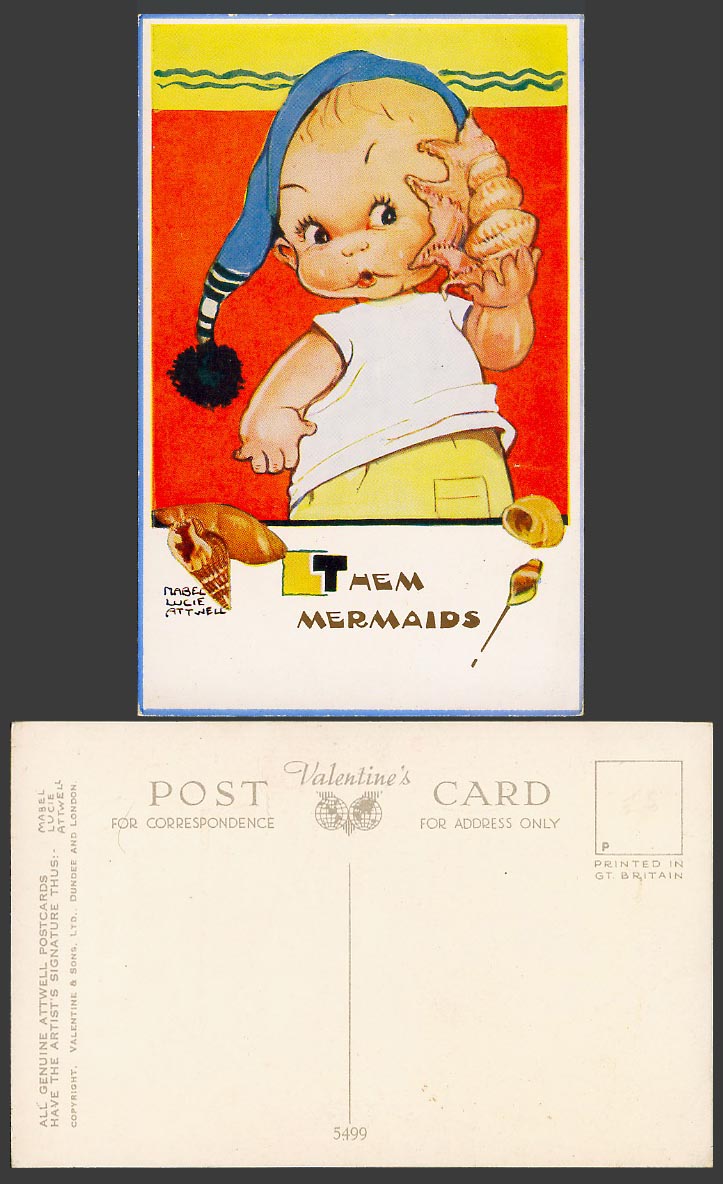 MABEL LUCIE ATTWELL Old Postcard Them Mermaids! Girl w Seashells Sea Shells 5499