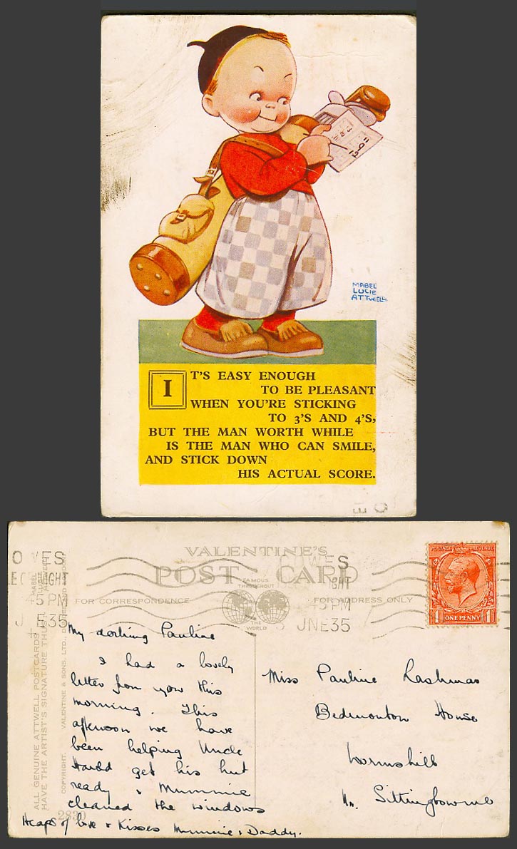 MABEL LUCIE ATTWELL 1935 Old Postcard Golfer Golf Stick Down Actual Score 2830