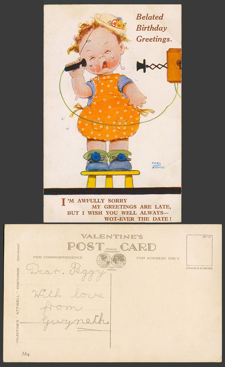 MABEL LUCIE ATTWELL Old Postcard Belated Birthday My Greetings Are Late Phone M4
