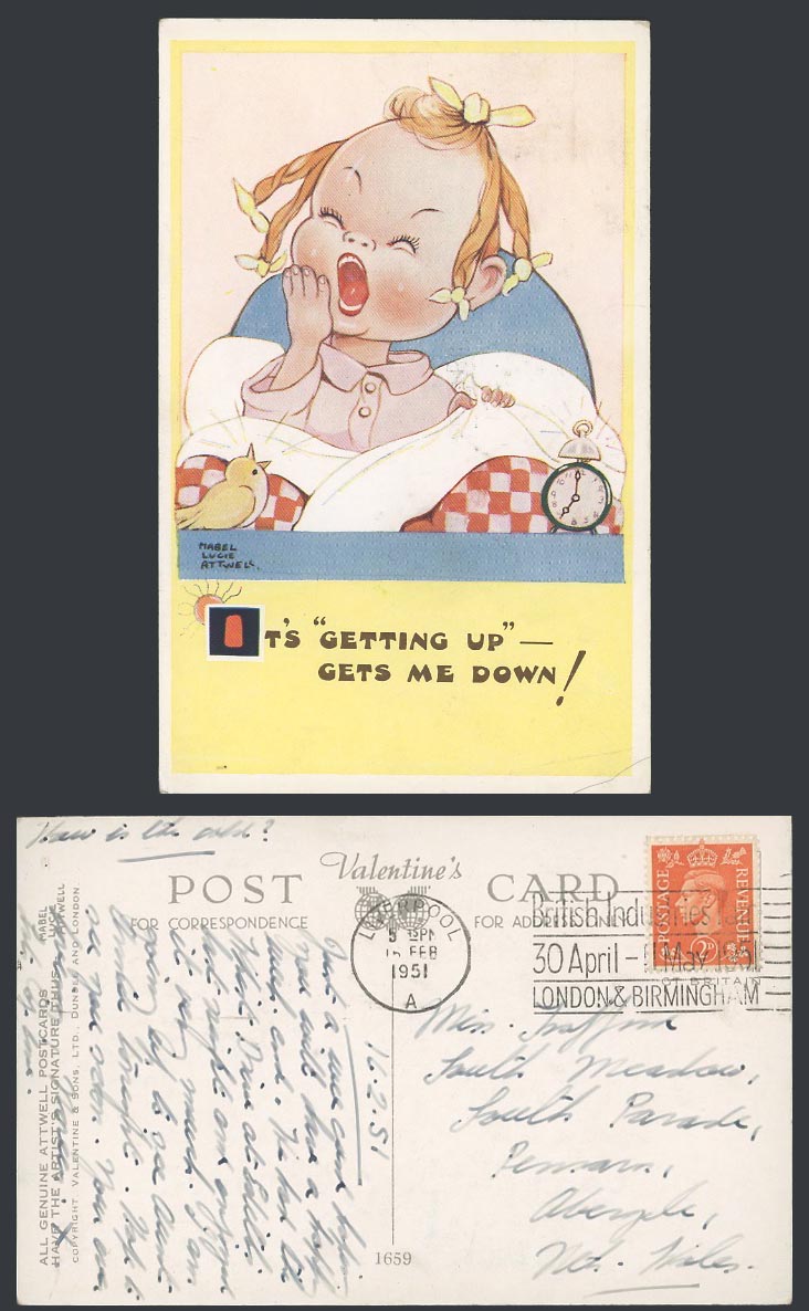 MABEL LUCIE ATTWELL 1951 Old Postcard Girl Yawning, Getting Up Gets Me Down 1659