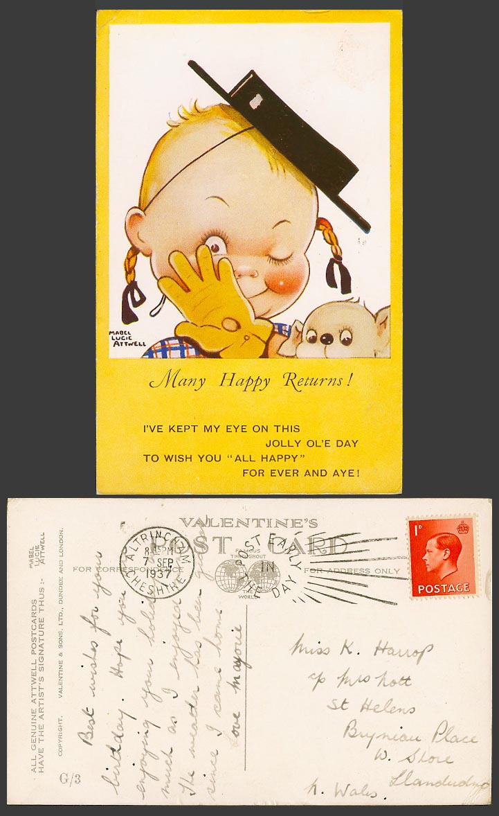 MABEL LUCIE ATTWELL 1937 Old Postcard Many Happy Returns Jolly Ol'e Day, Dog G/3