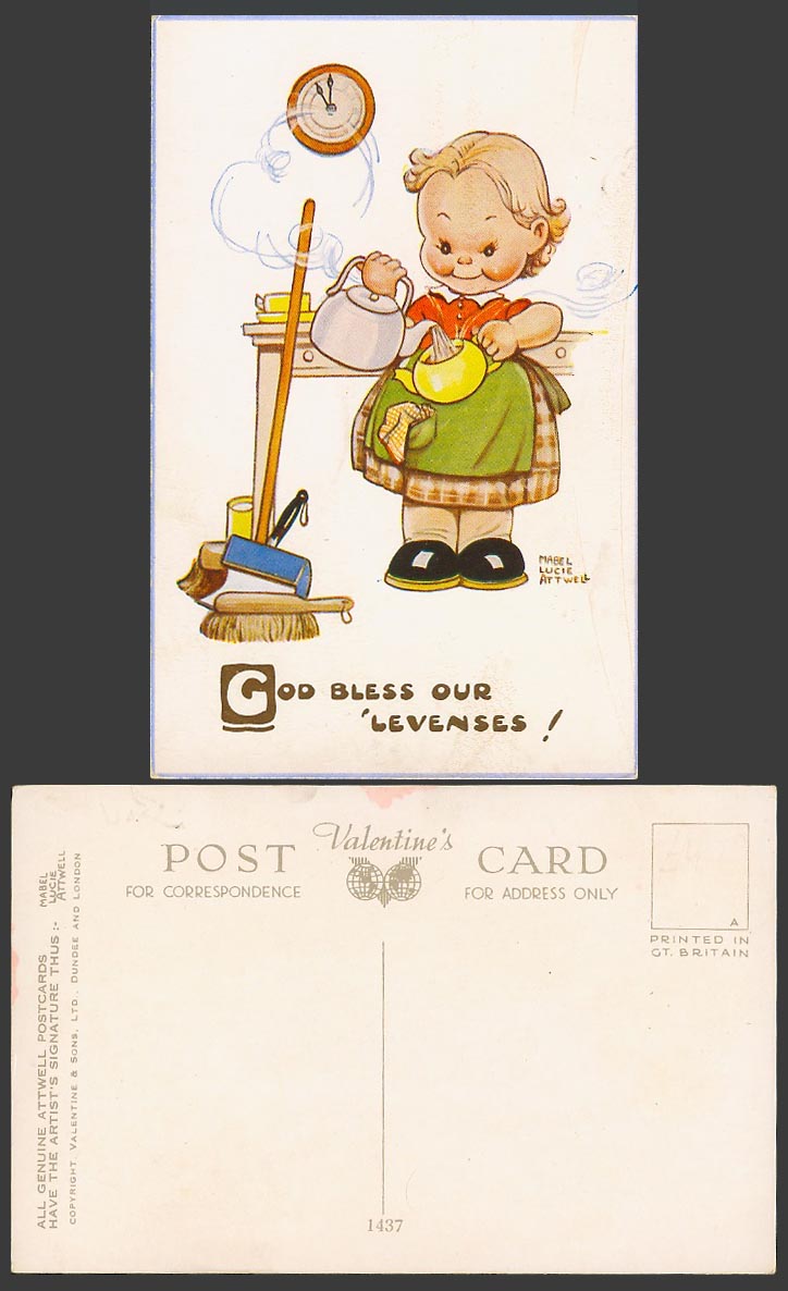 MABEL LUCIE ATTWELL Old Postcard God Bless Our Levenses Kettle Teapot Clock 1437