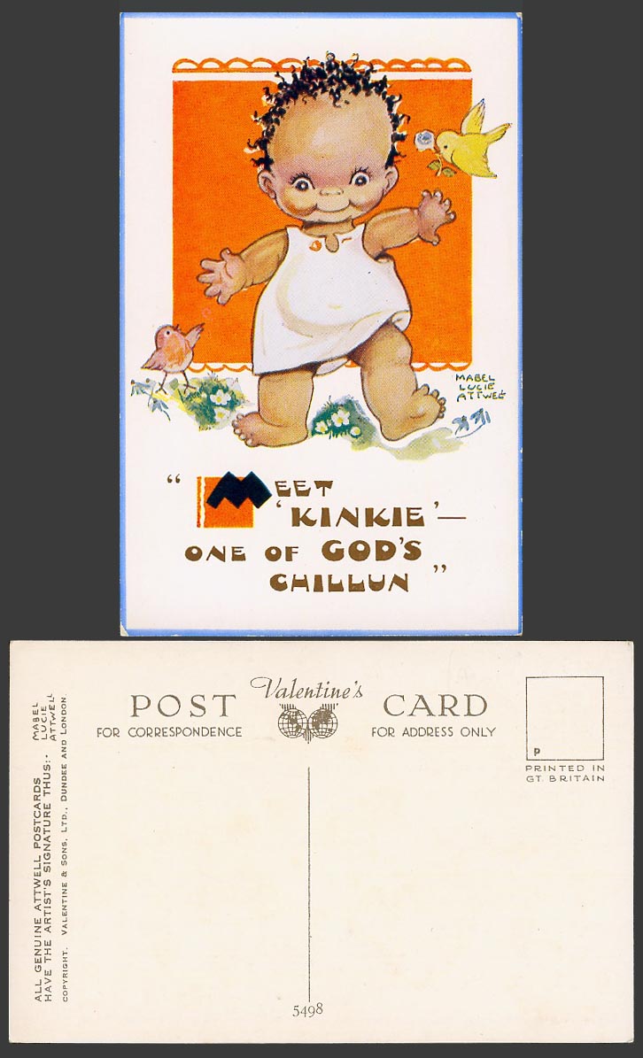 Mabel Lucie Attwell Old Postcard Black Baby Girl, Meet Kinkie God's Chillun 5498