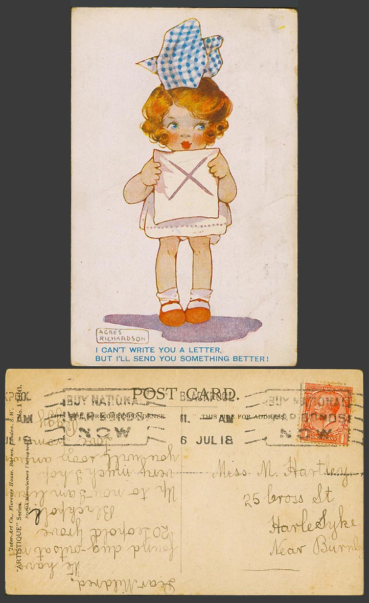 Agnes Richardson 1918 Old Postcard Girl Can't Write Letter Send Something Better