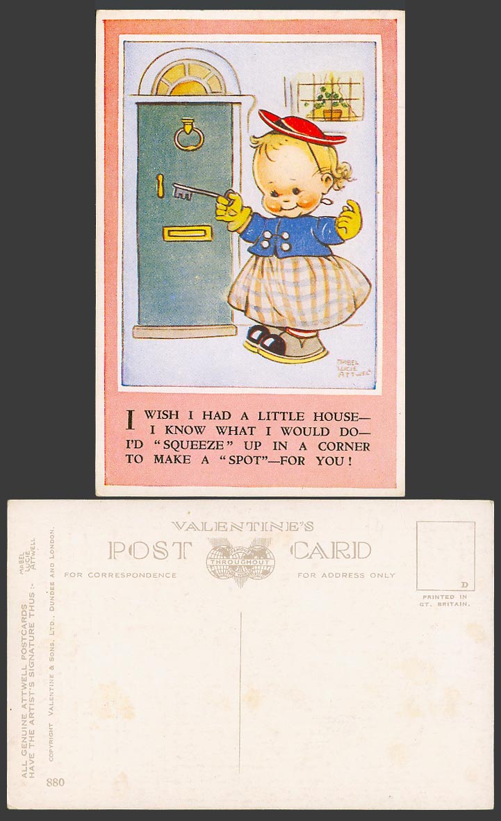 MABEL LUCIE ATTWELL Old Postcard Key to a Door Wish Had I had a Little House 880