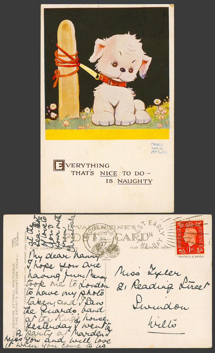 MABEL LUCIE ATTWELL 1937 Old Postcard Dog, Everything Nice To Do is Naughty 3532